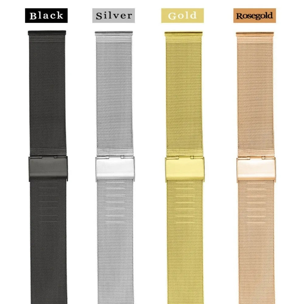 Milani silk woven stainless steel watch band in silver, showing linked metal weave.
