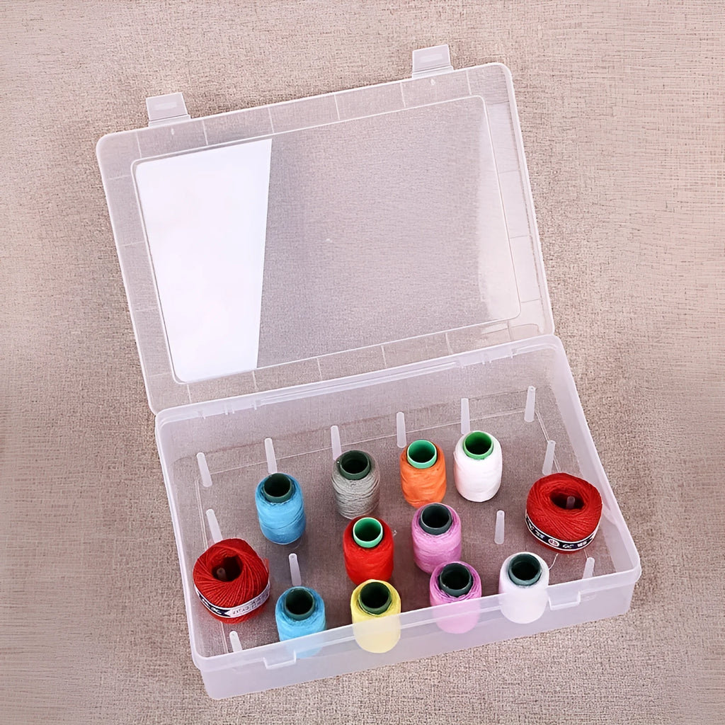 Transparent plastic storage box with 42 small compartments for organising embroidery thread.