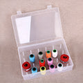 Transparent plastic storage box with 42 small compartments for organising embroidery thread.