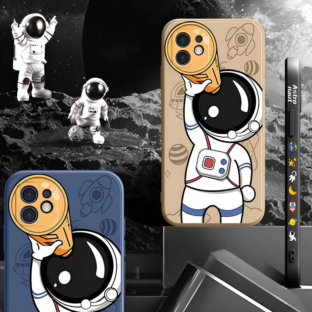Silicone iPhone case with cartoon astronaut and starry sky design in classic black.