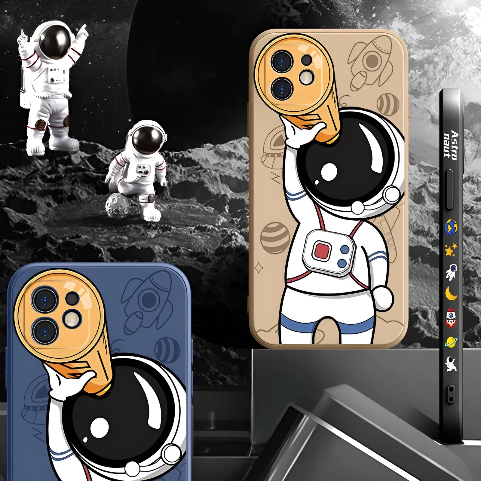 Silicone iPhone case with cartoon astronaut and starry sky design in classic black.