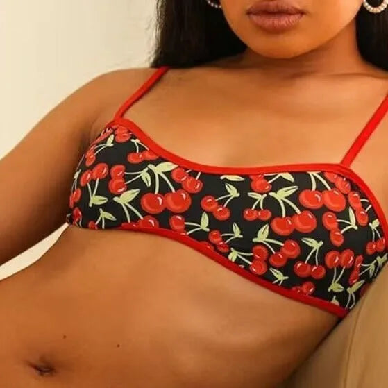 Women's cherry print tube top bikini swimsuit with briefs bottom in polyester fabric
