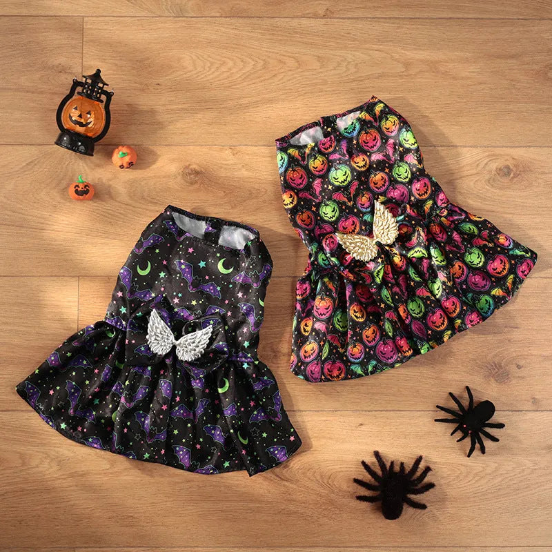 Angel wings Halloween dog costume in bright pumpkin colour on pet