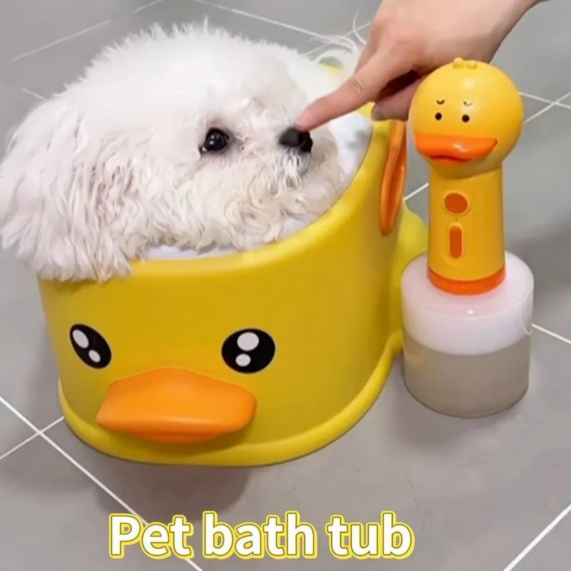 Blue PVC duck-shaped bathtub for washing a dog or cat at home