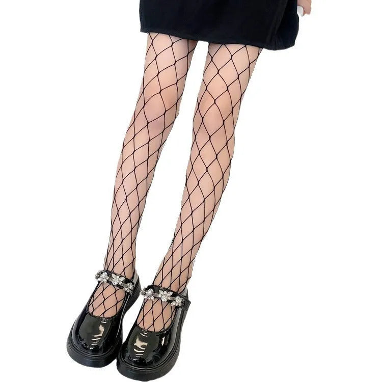Women's mesh stockings showing large, medium, and small net patterns in black and white.