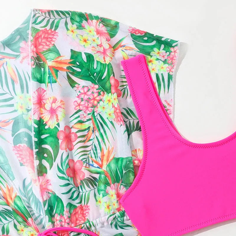 Girls' floral two-piece swimsuit in high-elasticity polyester fabric