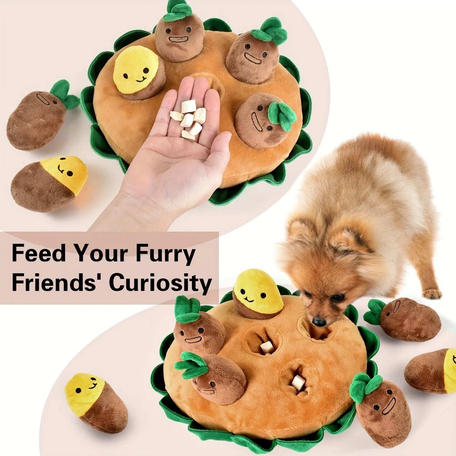Yellow durable polyester dog puzzle mat with removable squeaky plush toys as a slow feeder and foraging pad