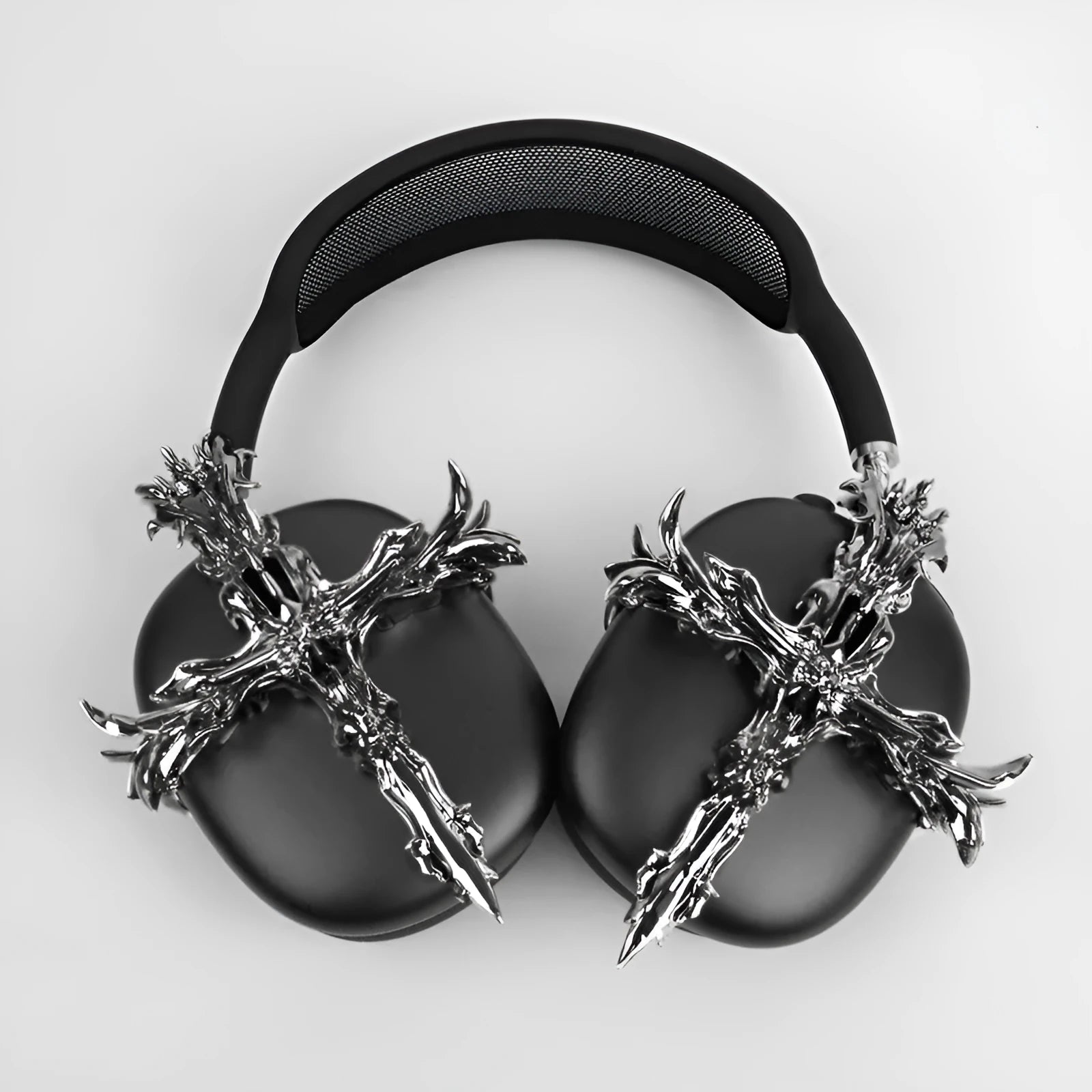 Gothic resin headphone cover for Apple AirPods Max in silver and gunmetal finishes