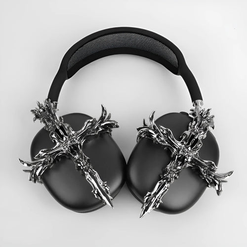 Gothic resin headphone cover for Apple AirPods Max in silver and gunmetal finishes