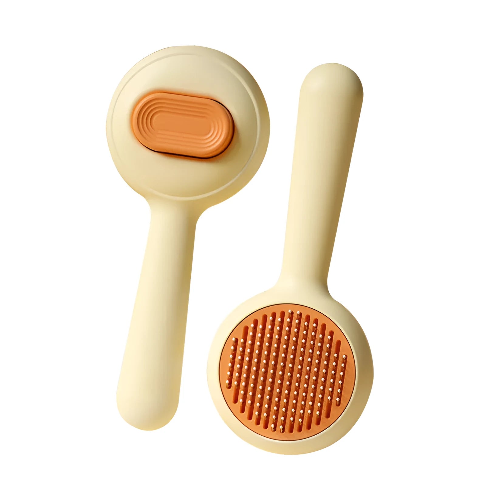 Green pet grooming brush with stainless steel pins and non-slip handle for cat and dog hair removal.