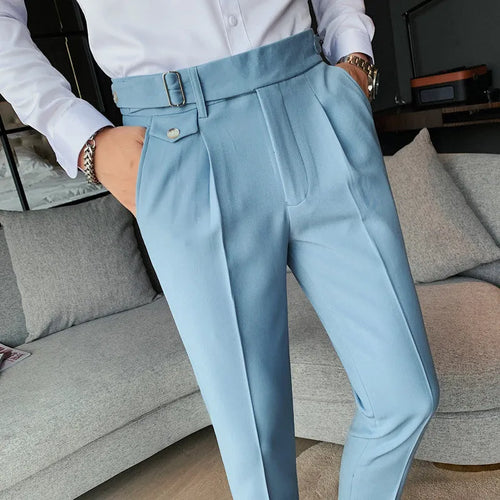 Straight-leg casual trousers in solid colours including black, grey, and khaki on a neutral background.