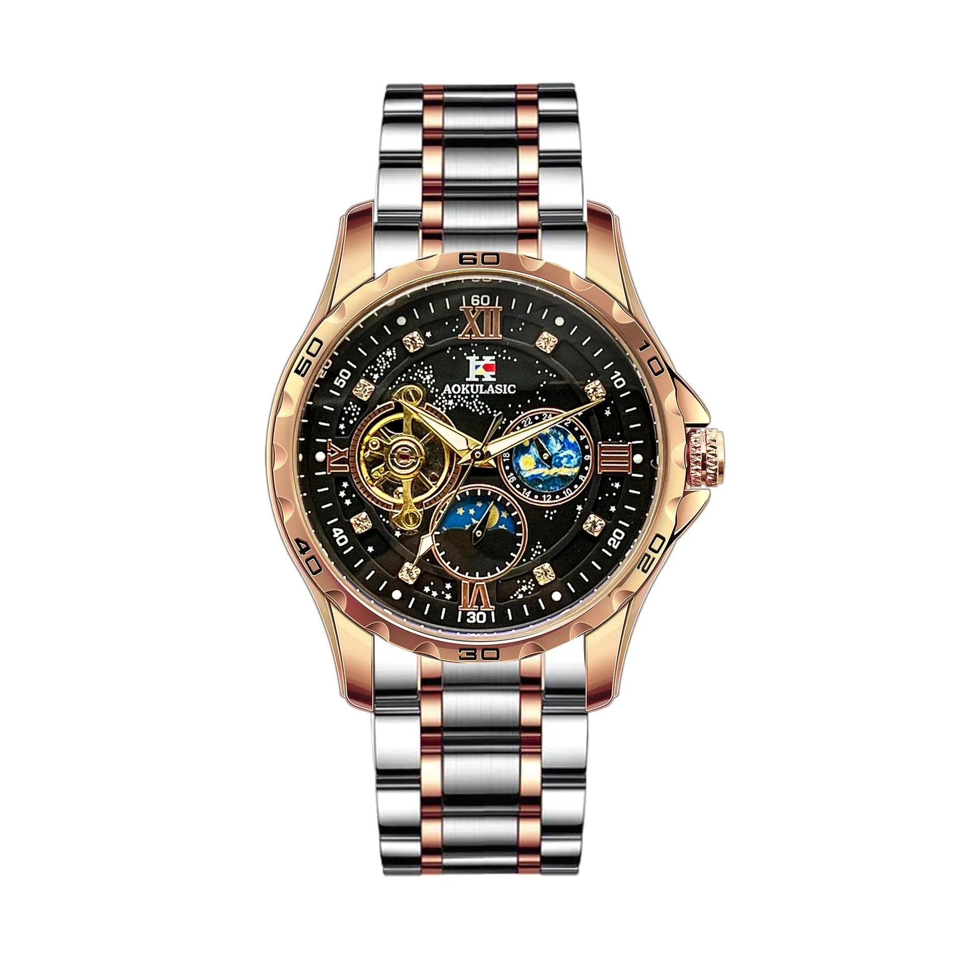 Men's automatic mechanical chronograph watch with rose gold case, black dial, and stainless steel bracelet
