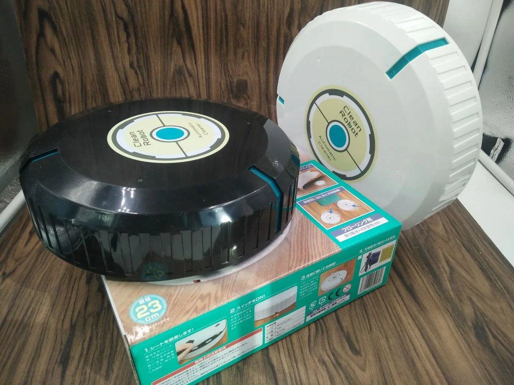 AC robot vacuum cleaner in black or white on wooden floor