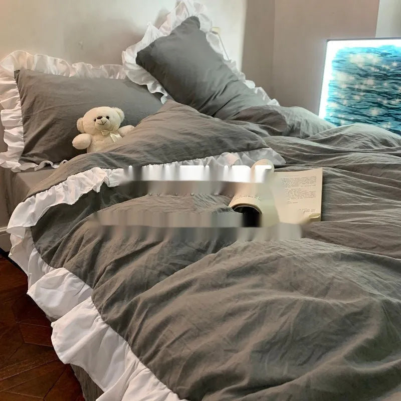 Mori style washed cotton four-piece bedding set in solid lace-creamy colour with quilt cover, sheet, and pillowcases