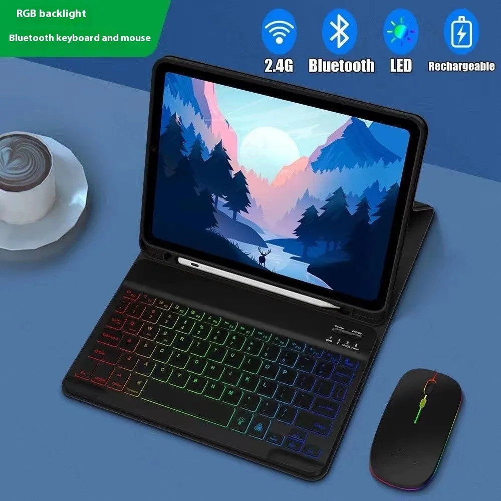 iPad protective case with luminous RGB Bluetooth keyboard and mouse in black leather sheath style