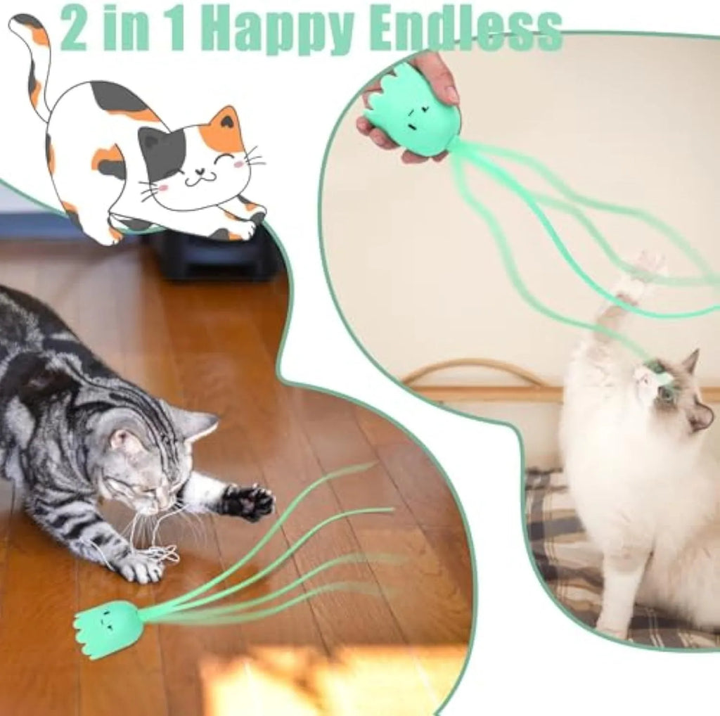 Electronic cat wand toy with swinging silicone tails on green background