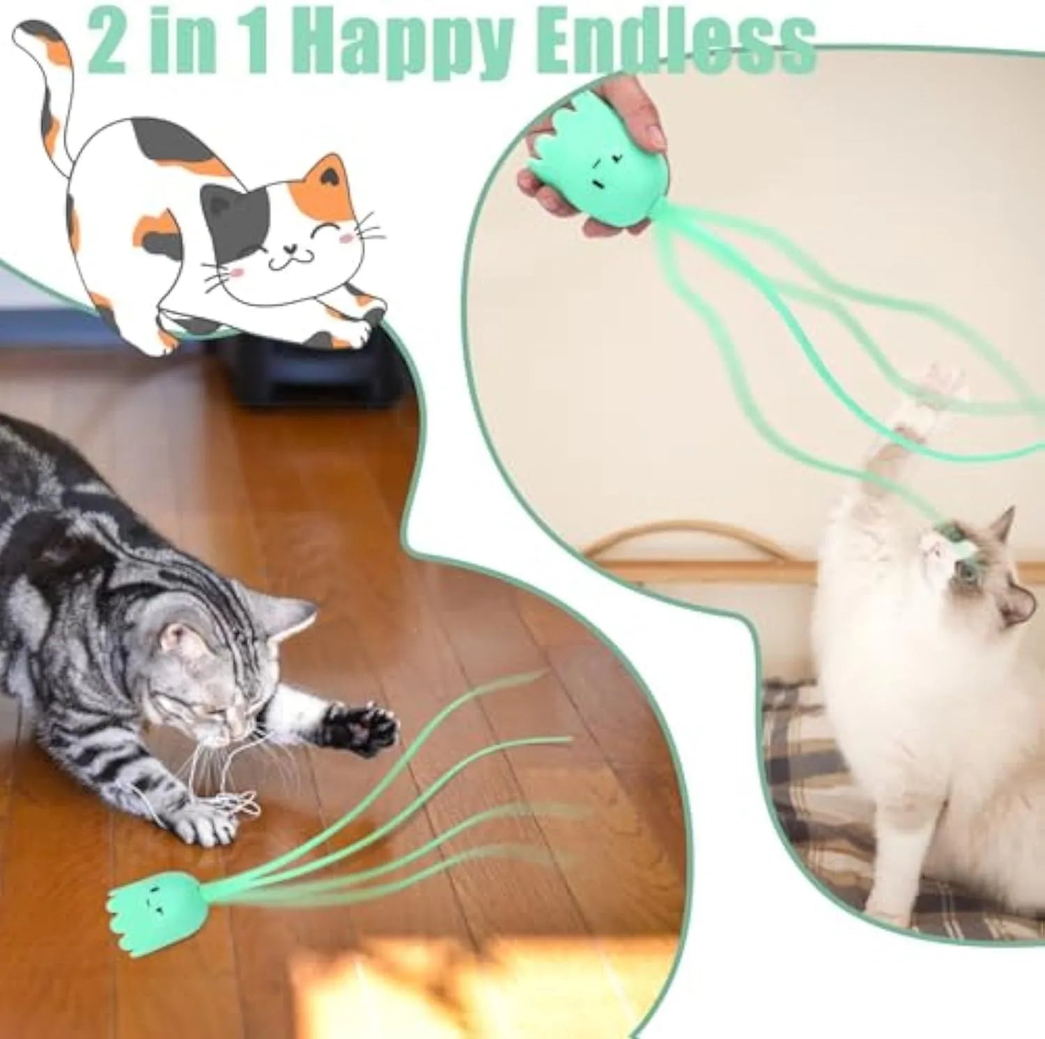 Electronic cat wand toy with swinging silicone tails on green background