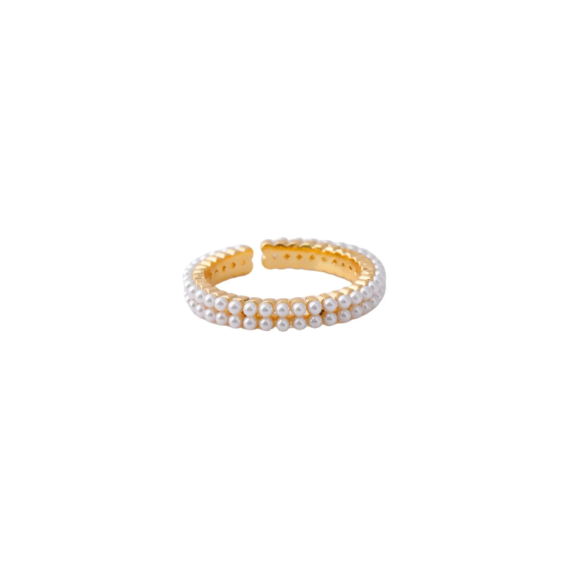 Gold-coloured women's open ring with geometric design and a round pearl-like bead.