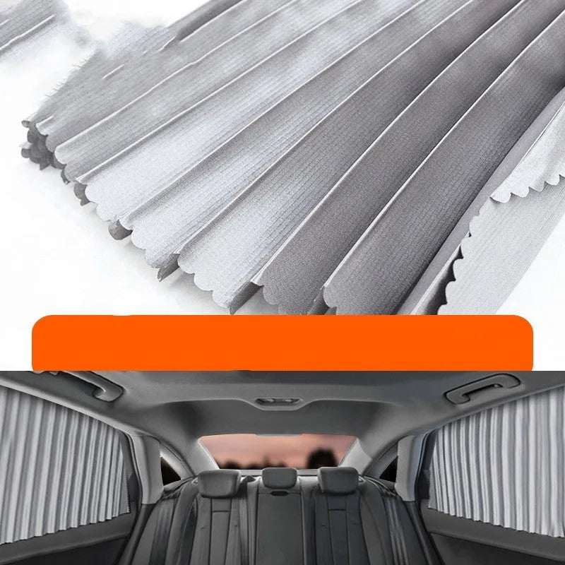Retractable car sun curtain in thick opaque cloth with roller shutter mechanism