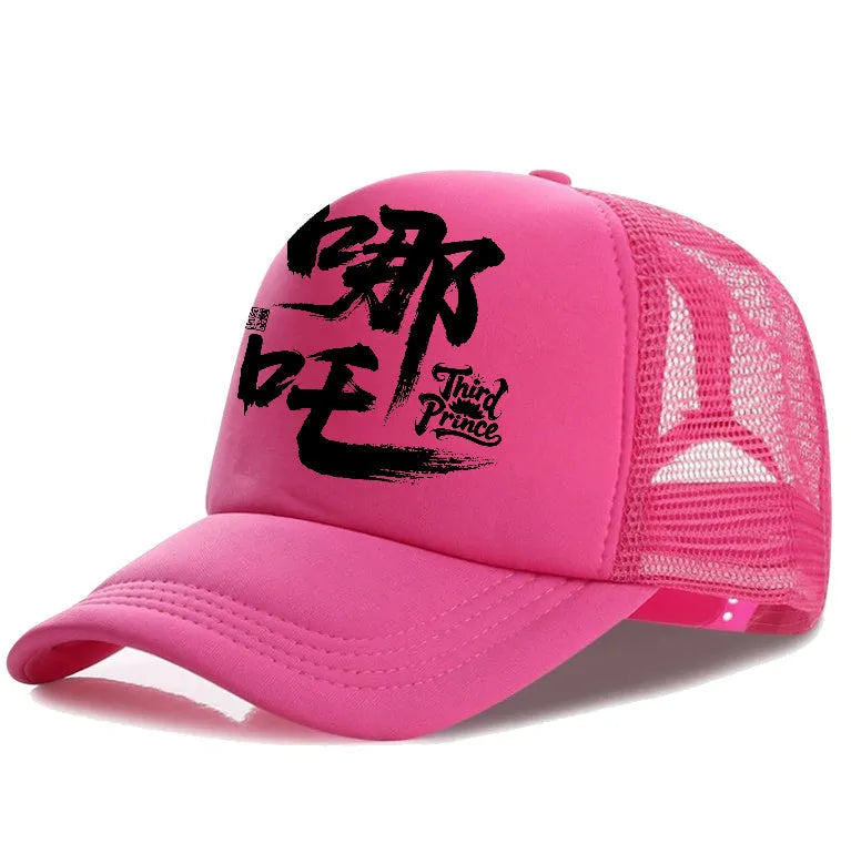 Men's polyester baseball cap showing colour options: black, blue, green, grey, pink, white.