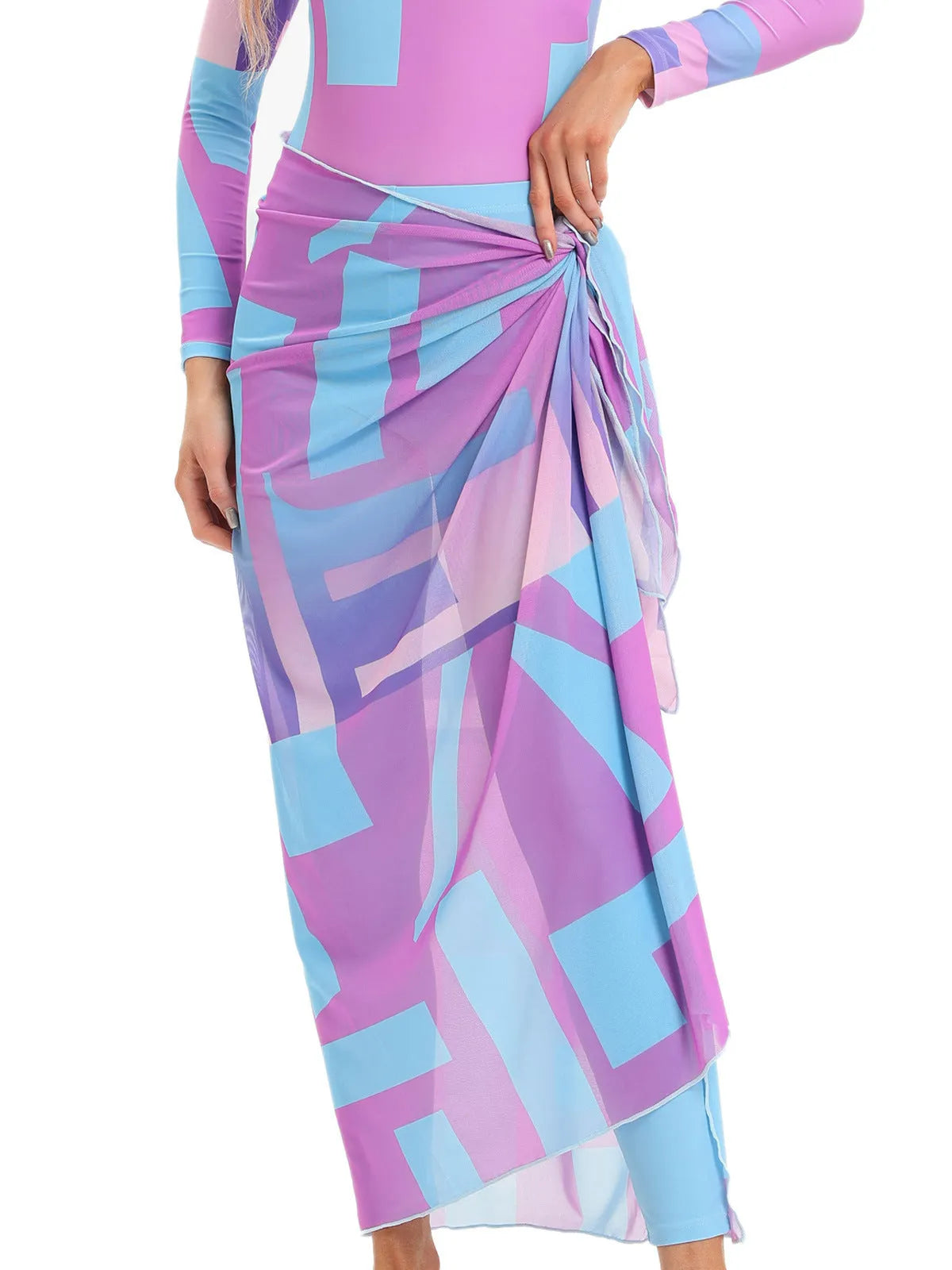 Conservative Muslim swimsuit three-piece set with apron in Sapphire, Letter, or Foam colour.