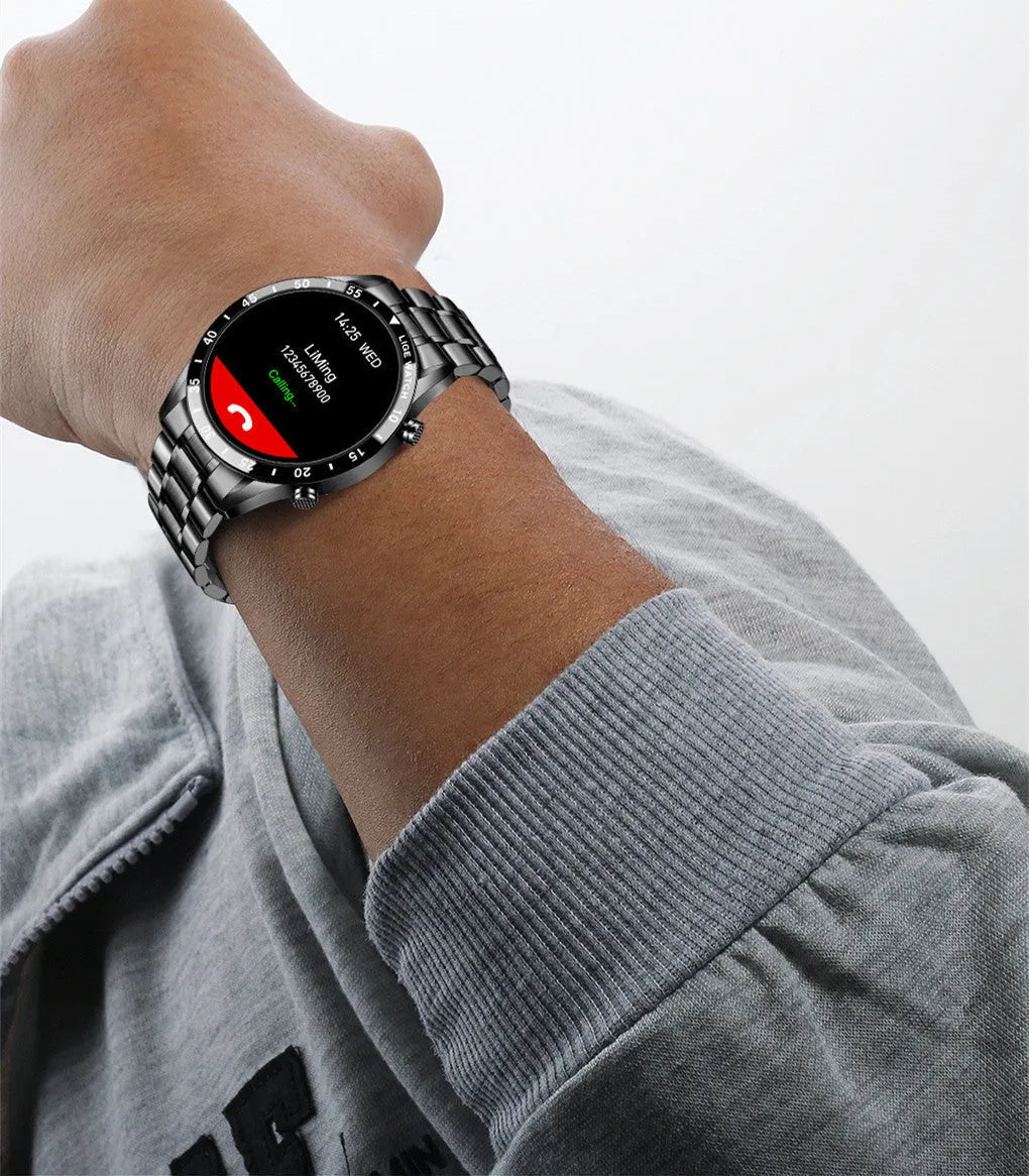 Smart watch with stainless steel band and 1.3-inch touch screen display