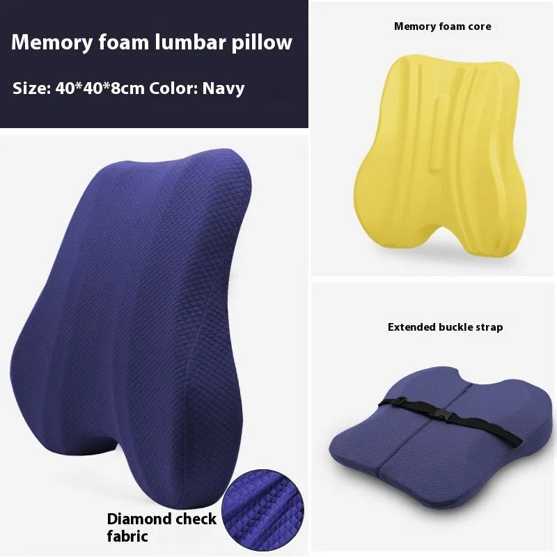 Grey contoured lumbar support cushion for office chair, shown next to navy blue and pink colour options.