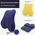 Grey contoured lumbar support cushion for office chair, shown next to navy blue and pink colour options.