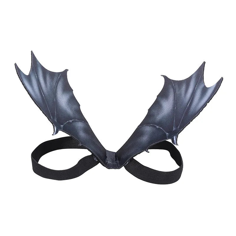 Black cloth bat wings pet costume accessory shown in three sizes for Halloween