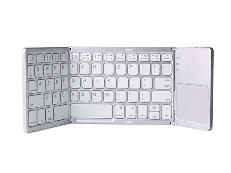 Black tri-fold folding Bluetooth keyboard with touchpad shown unfolded and folded