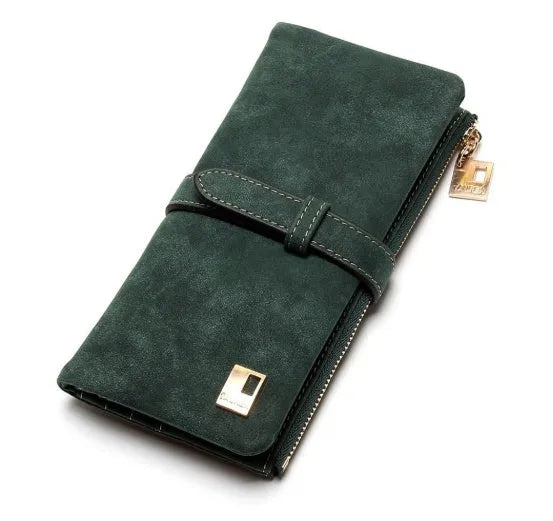 Vertical long wallet in retro matte PU leather with zip closure, shown open to reveal card slots and phone pocket.