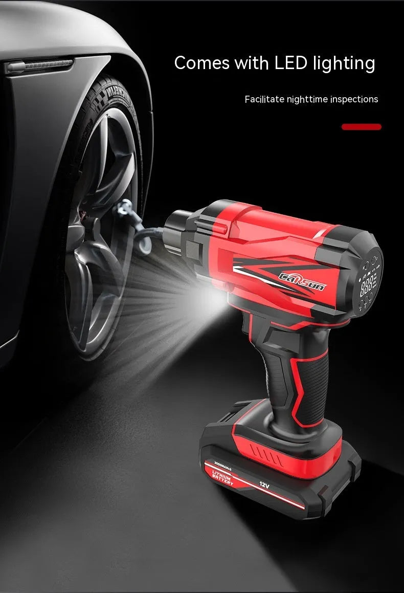 Red and black portable car tyre inflator with digital display, battery, and accessory nozzles on a grey background.