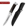 Camping multifunctional portable fruit knife with stainless steel blade and leather protective case.