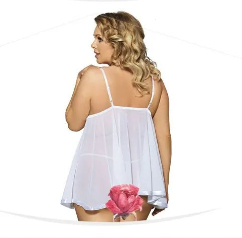 Plus size women's black lace and mesh lingerie sling dress on a hanger.