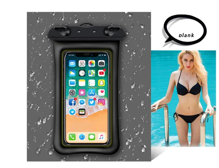 Orange waterproof phone pouch with double airbag design and a black lanyard.