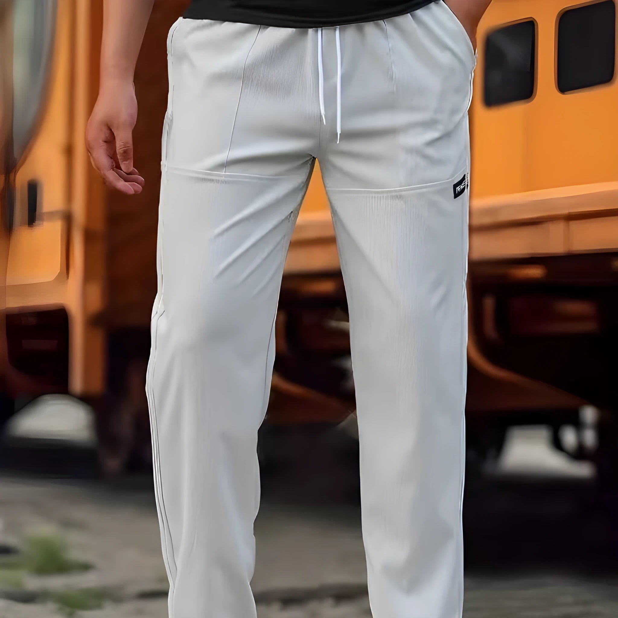 Men's light grey polyester trousers for spring and autumn casual wear, shown in Asian sizing.