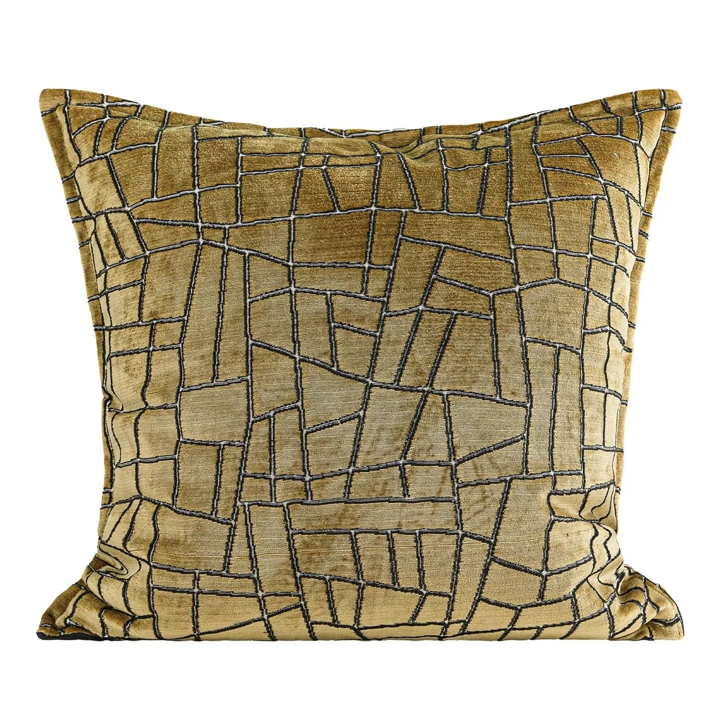 Geometric abstract pattern cushion cover in gold colour on polyester feather velvet fabric