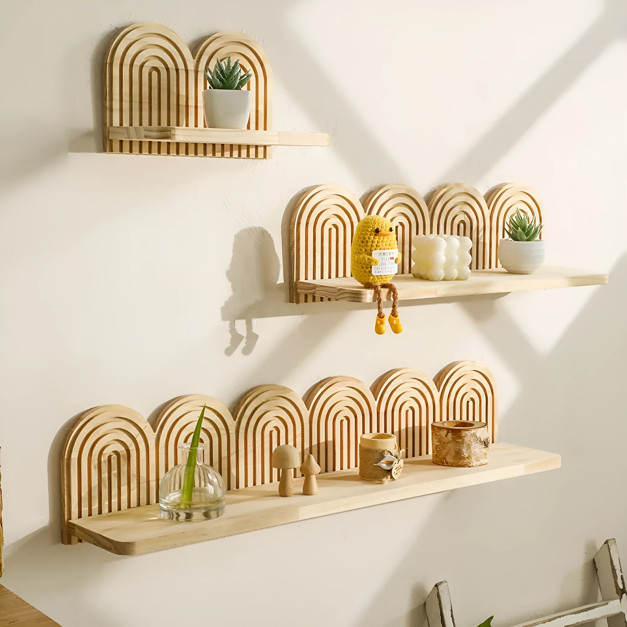 Wooden wall-mounted flower pot rack with multiple tier options for indoor plant display