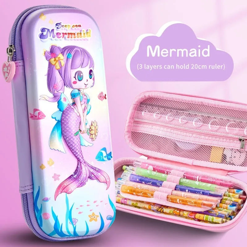 3D leather pencil case in a box shape showing one of the available design options such as a spaceship or unicorn