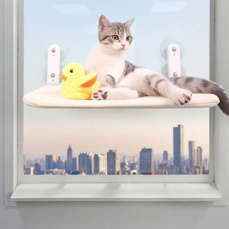 Foldable cat hammock with stainless steel suction cups attached to a window, showing beige mesh fabric option.