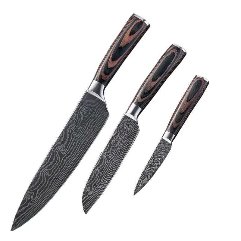 30cm chef knife with Damascus pattern blade and colour steel handle