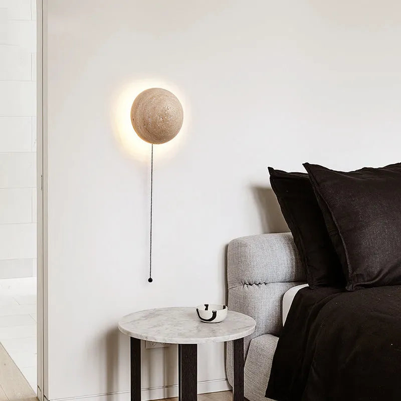 Yellow cave stone semicircle wall lamp with pull switch and iron construction