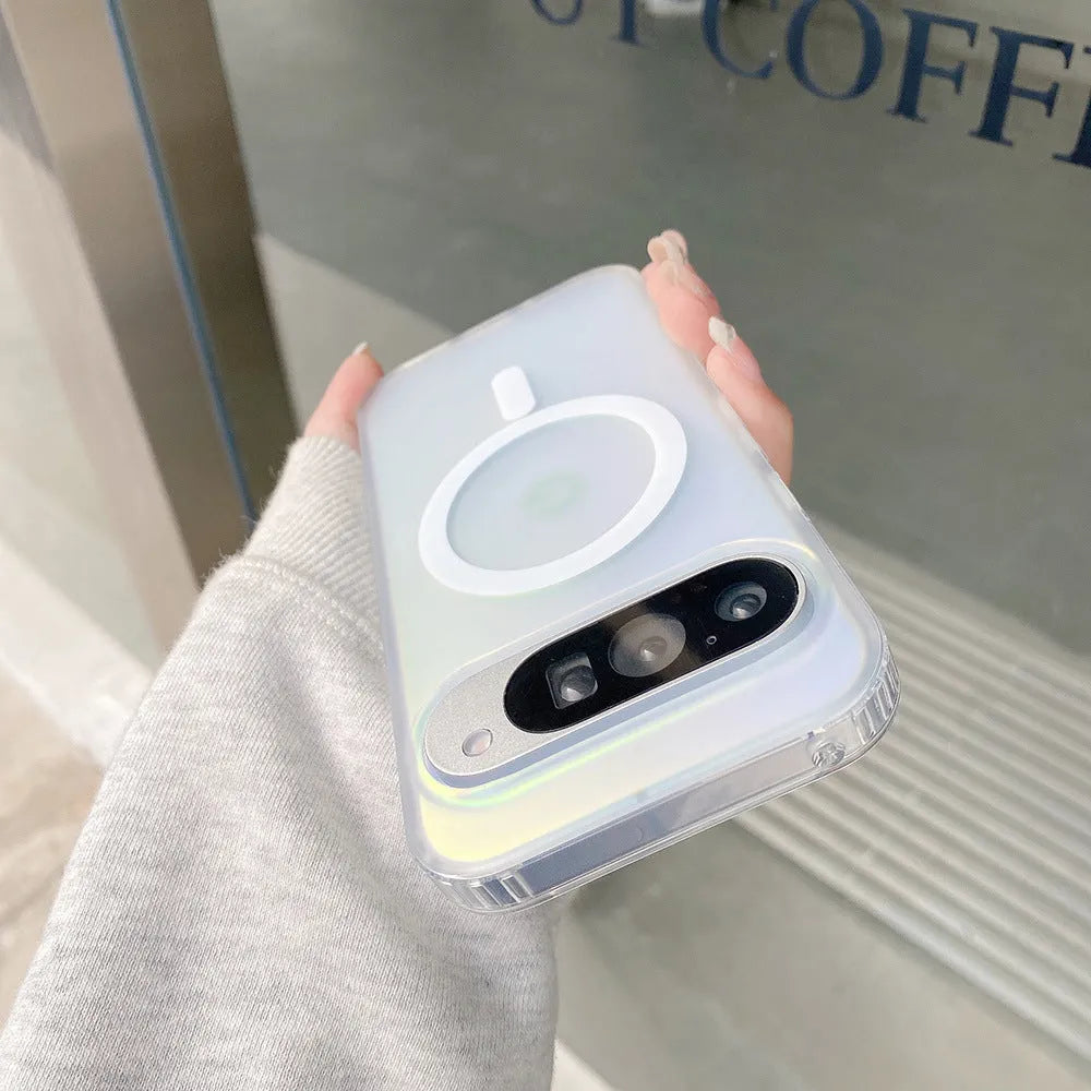 Transparent colourful frosted laser phone case for Google Pixel smartphones on a table.