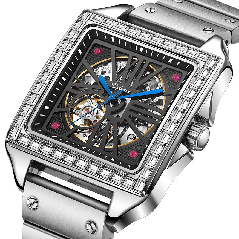 Men's square automatic watch with diamond-studded bezel on steel or leather strap