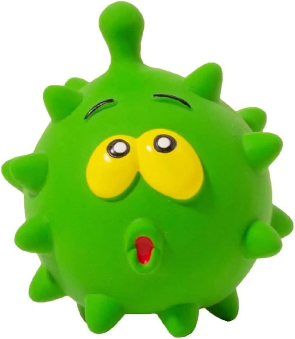 Four colourful squeaky dog balls with cute faces made from natural latex rubber with textured surfaces