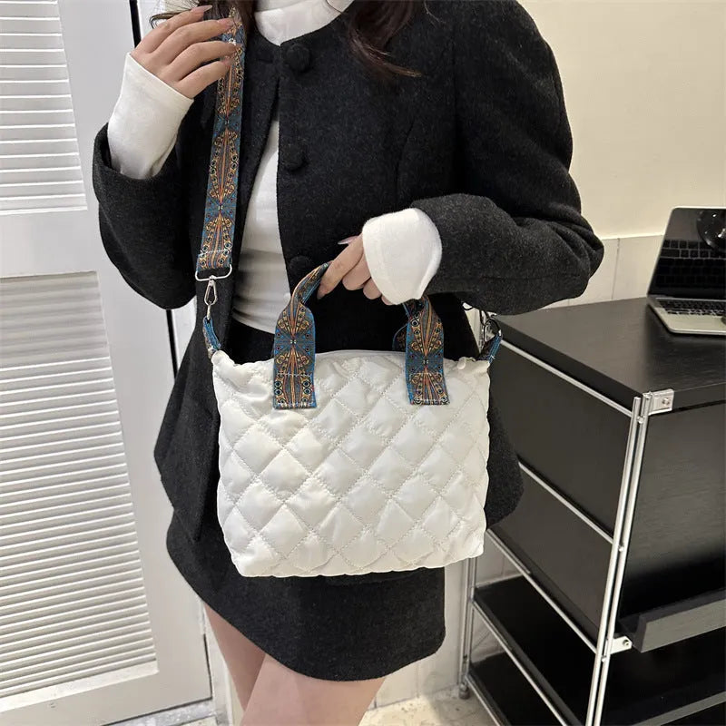 Soft Oxford cloth messenger bag with embroidered rhombus details in urban simplicity style