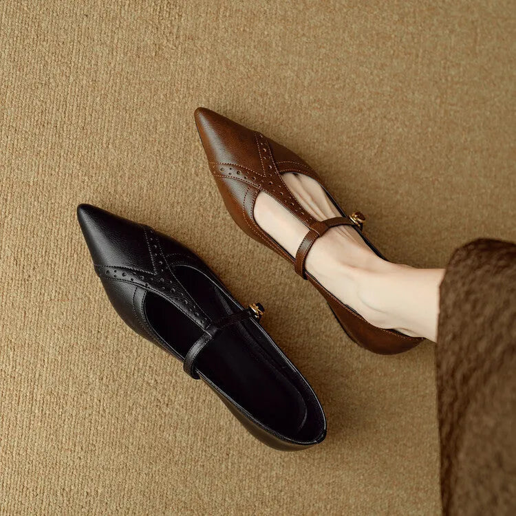 Brown women's pointed toe flat shoes with cowhide leather upper and metal detail