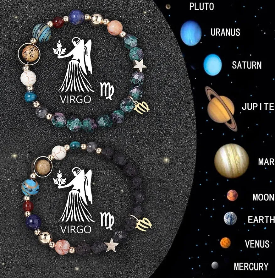 Two natural stone beaded bracelets with zodiac sign charms, representing a 12-style astrology set.