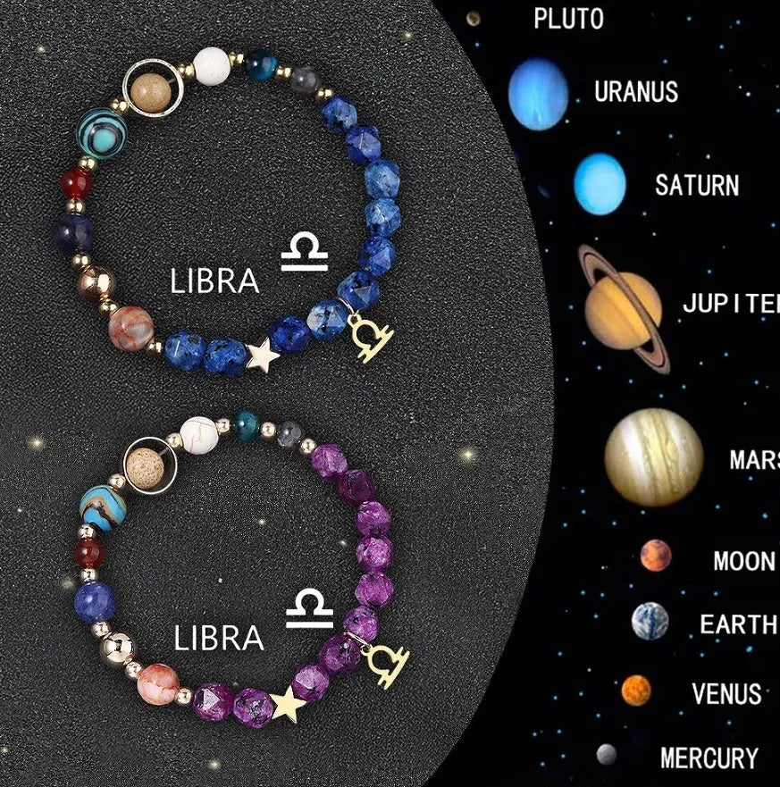 Set of two natural stone beaded bracelets with metal zodiac charms on a dark background.