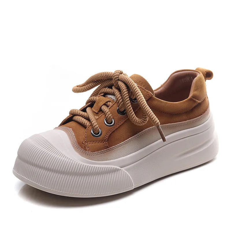 Women's yellow and cameo brown full grain cow leather lace-up casual shoes with round toe